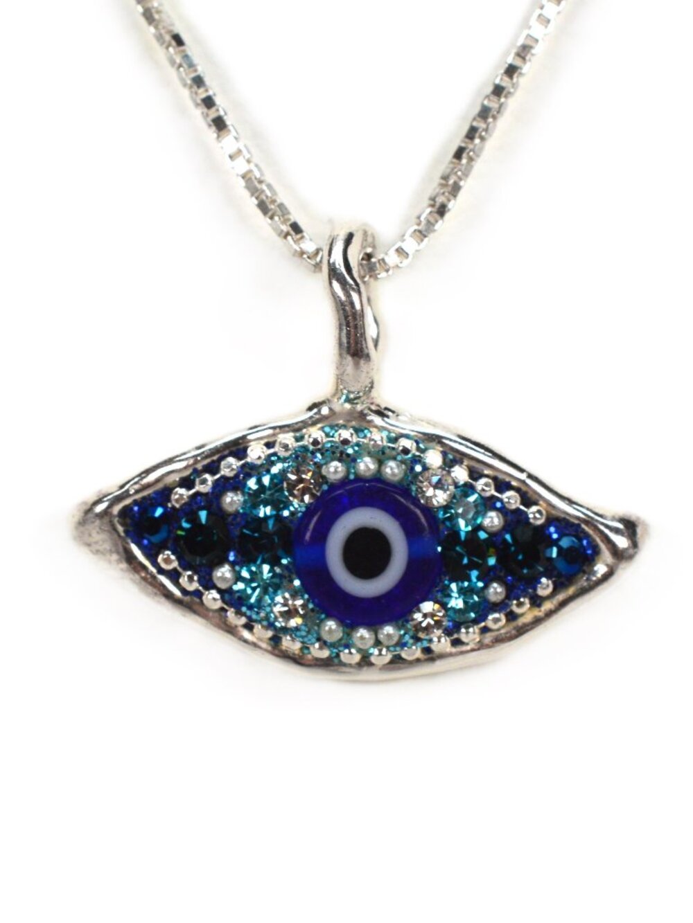Modern Style Evil Eye Sterling Silver Swarovski Crystals Seed Pearls Necklace